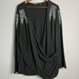 Ulla Popken Black Embellished Sparkly Faux Wrap Top‎ Plus Size Blouse Sz 24/26